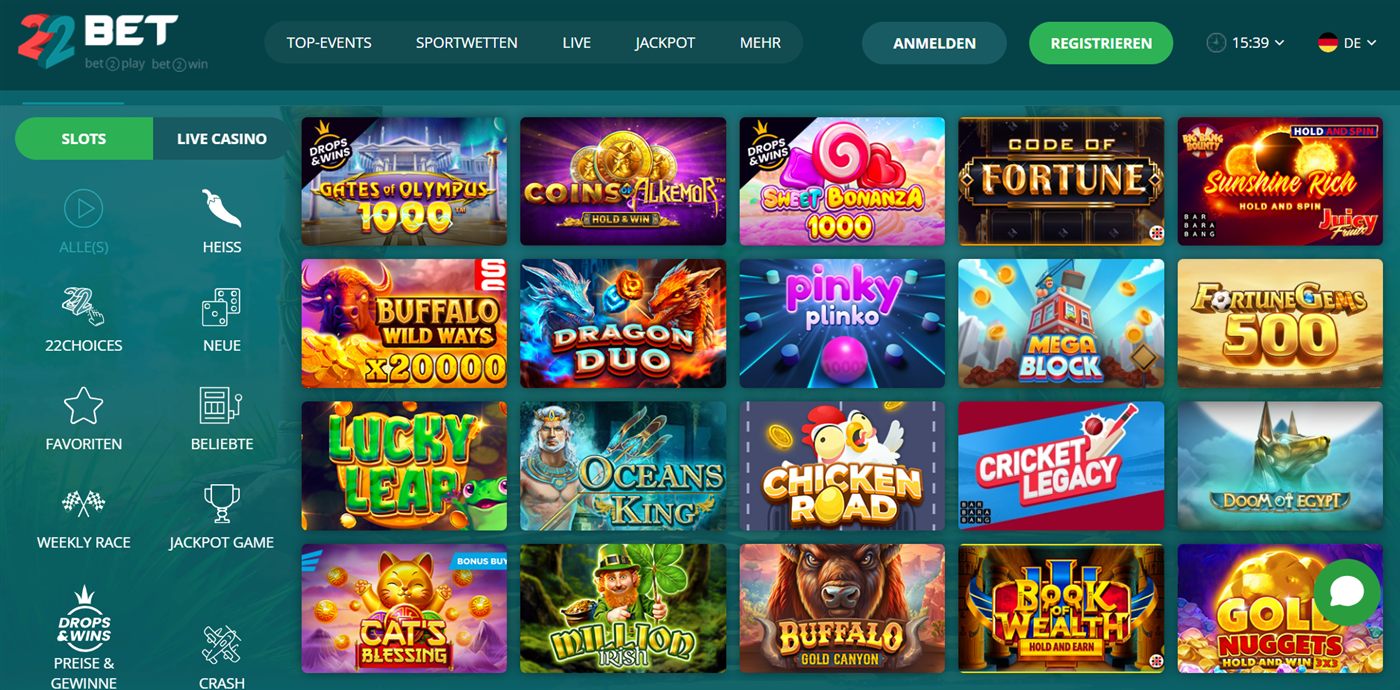 22Bet Spielebereich im Test: Slots-Sektion mit Spielkatalog