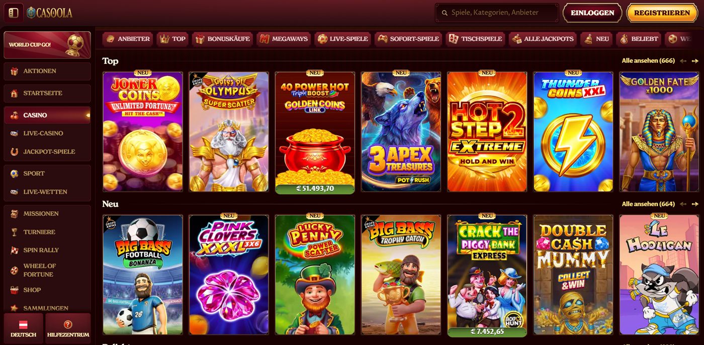 Casoola Spiele-Lobby im Test: Slot-Übersicht aus dem Quoten-Check