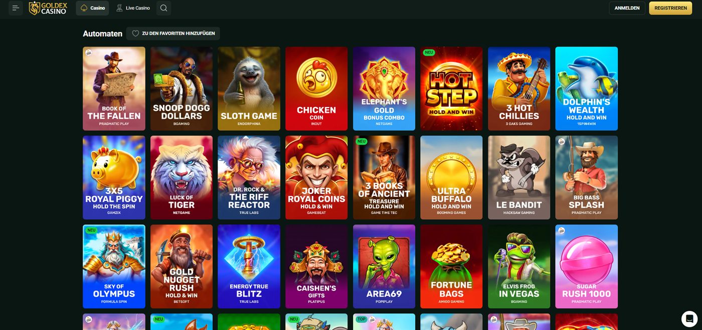 Goldex Spiele-Lobby im Test: Katalog-Ansicht mit Willkommensangebot