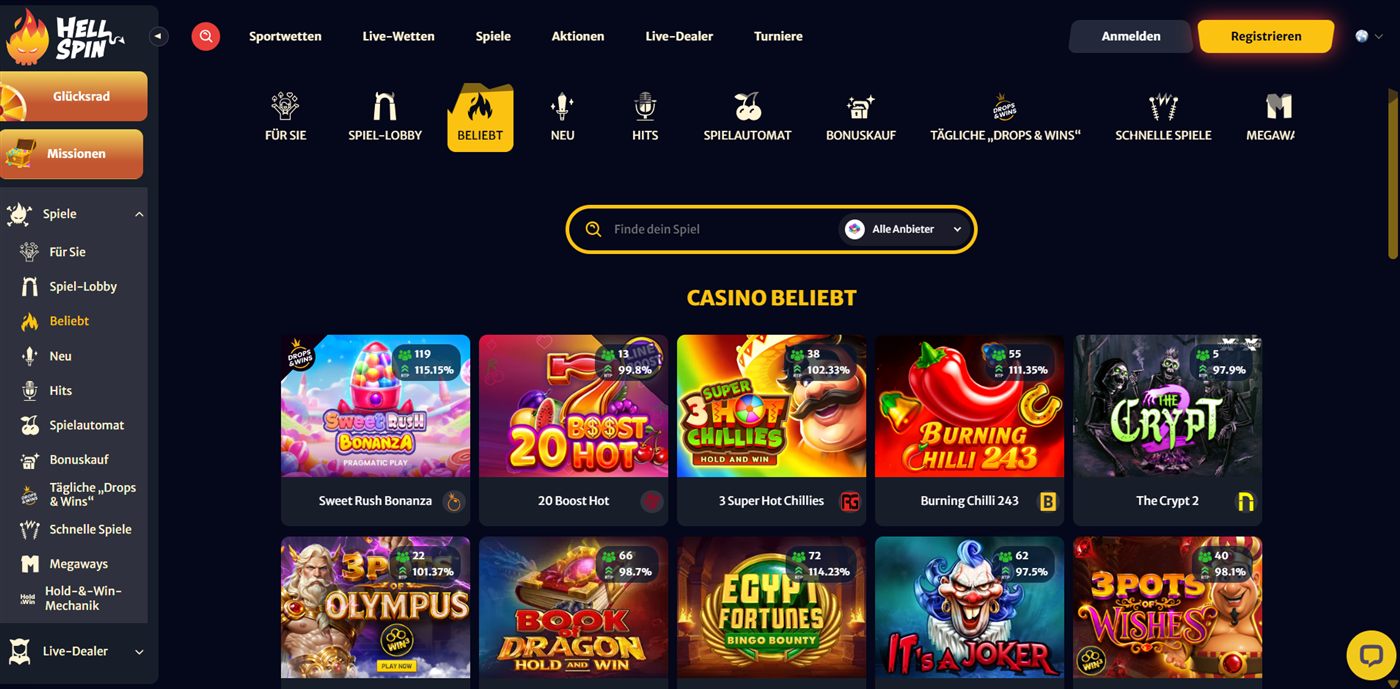 Hell Spin Spielebereich im Test: Lobby mit Slots und Live-Tischen