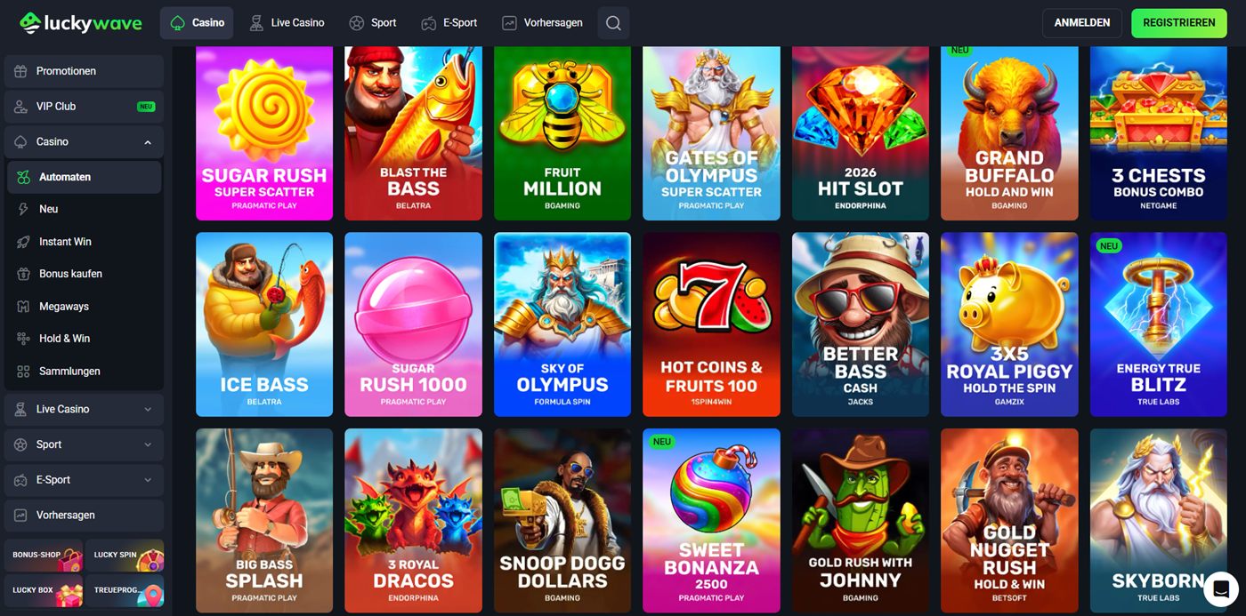 LuckyWave Spiele-Lobby im Test: Slots von Pragmatic Play, Hacksaw und BGaming