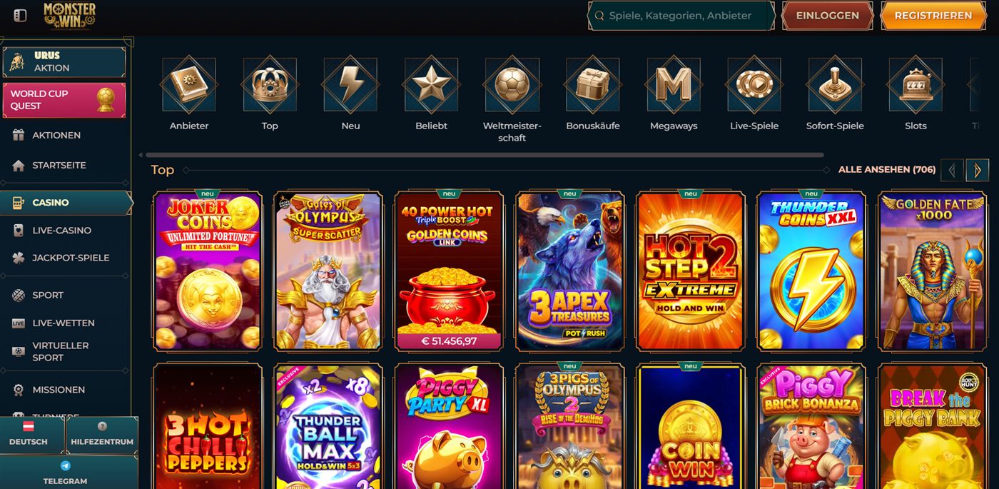 MonsterWin Spielebereich im Test: Lobby-Übersicht mit Spielkatalog
