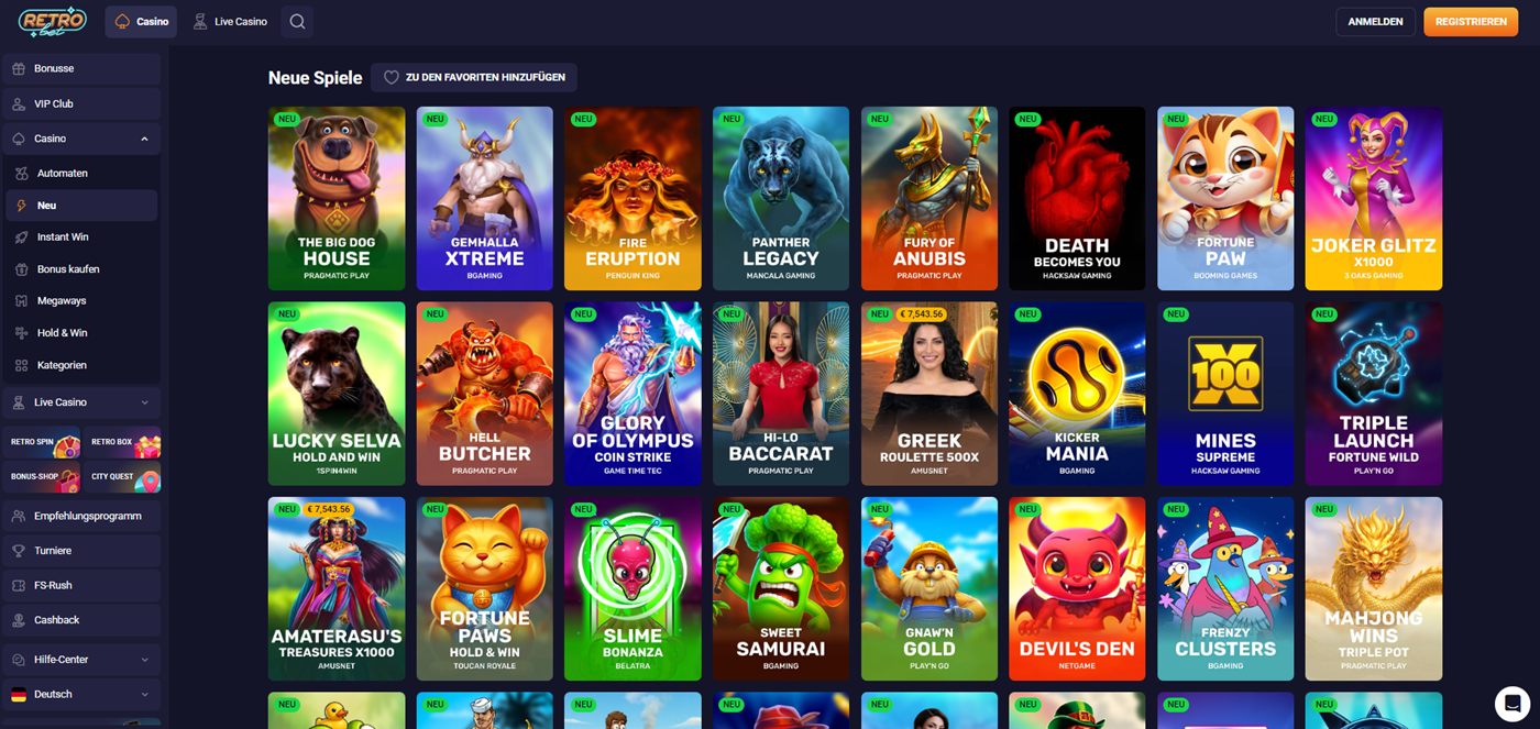 Retrobet Spiele-Lobby im Test: Katalog-Ansicht aus dem Quoten-Protokoll