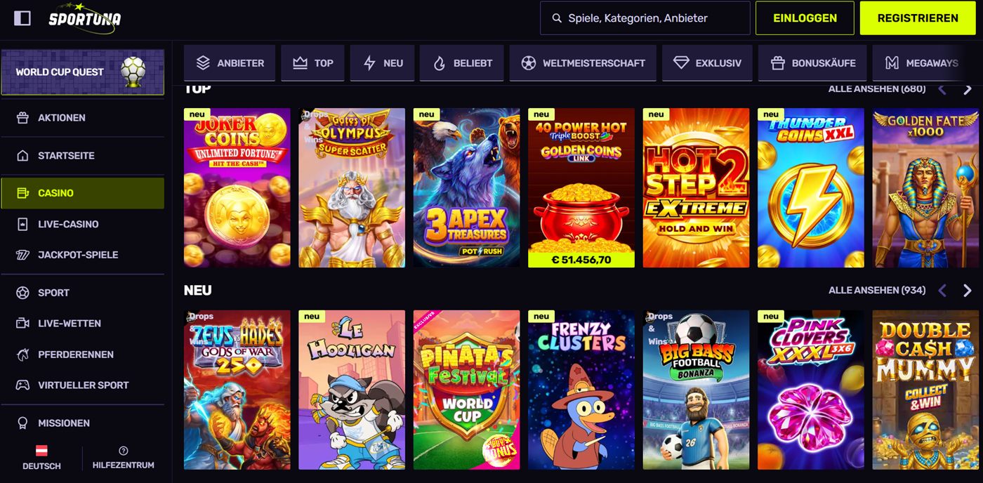 Sportuna Spiele-Lobby im Test: Casino-Bereich mit Slot-Katalog
