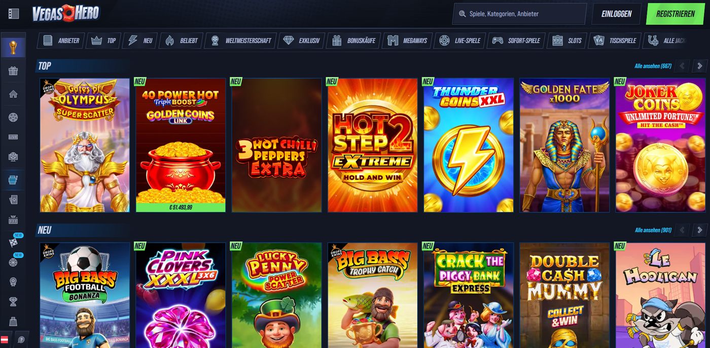 VegasHero Spiele-Lobby im Test: Slot-Übersicht aus dem Quoten-Check