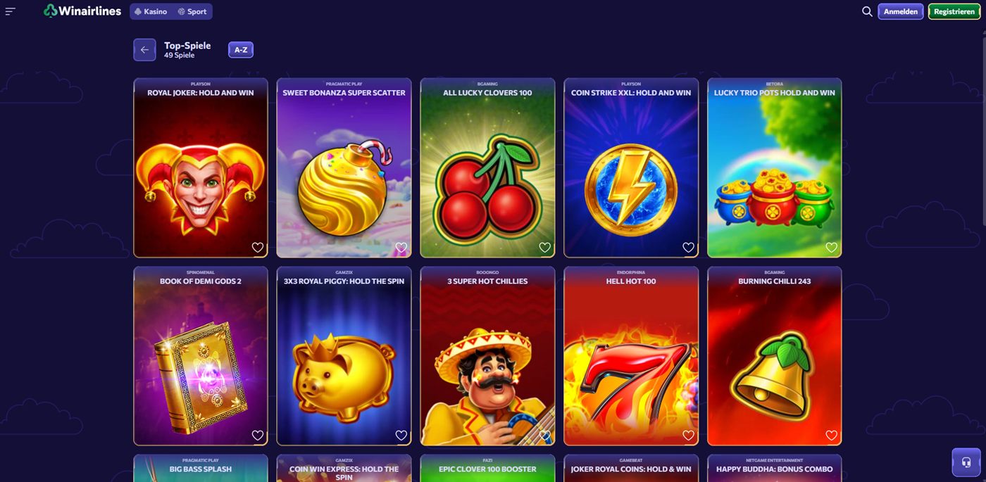 WinAirlines Spiele-Lobby im Test: RTP-starke Slots und Tischspiele prominent auf der Startseite